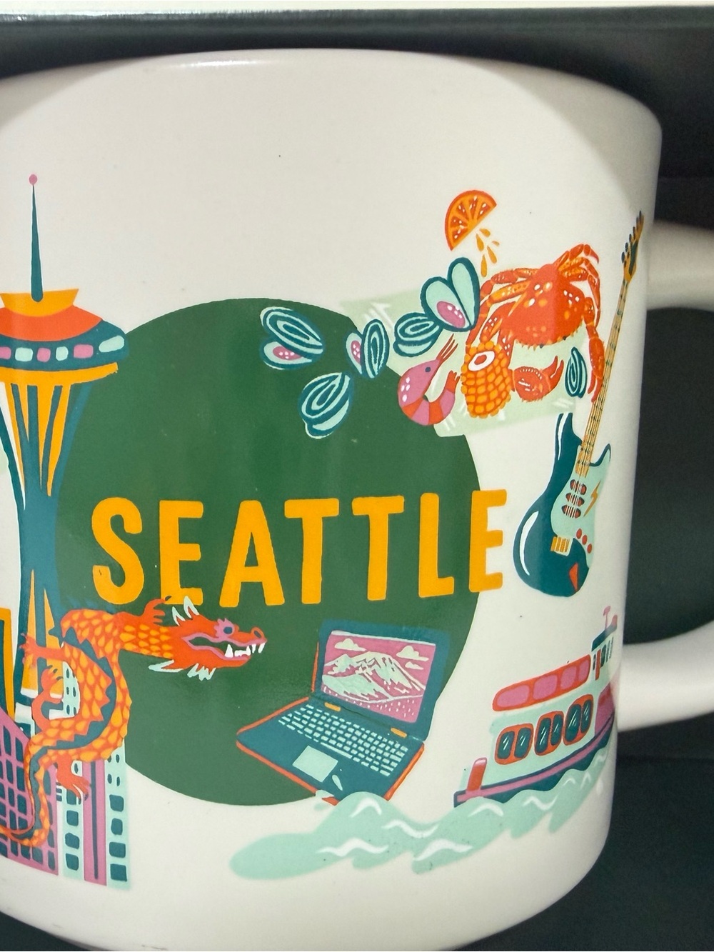 Starbucks White Mug with Green, Yellow and Orange Seattle Graphic